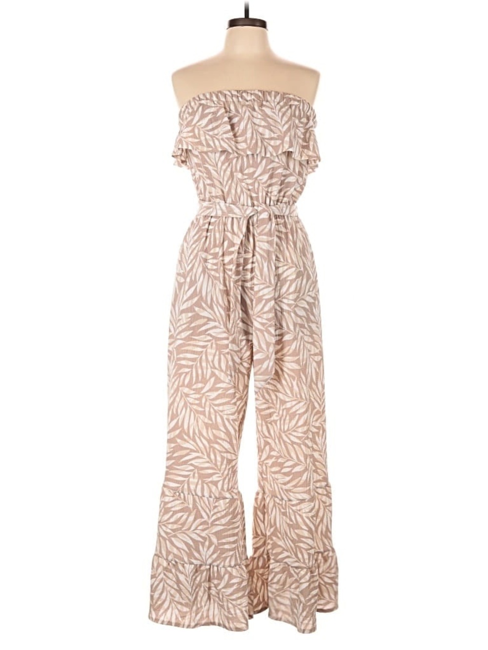 Strapless Leaf-Print Jumpsuit in Beige